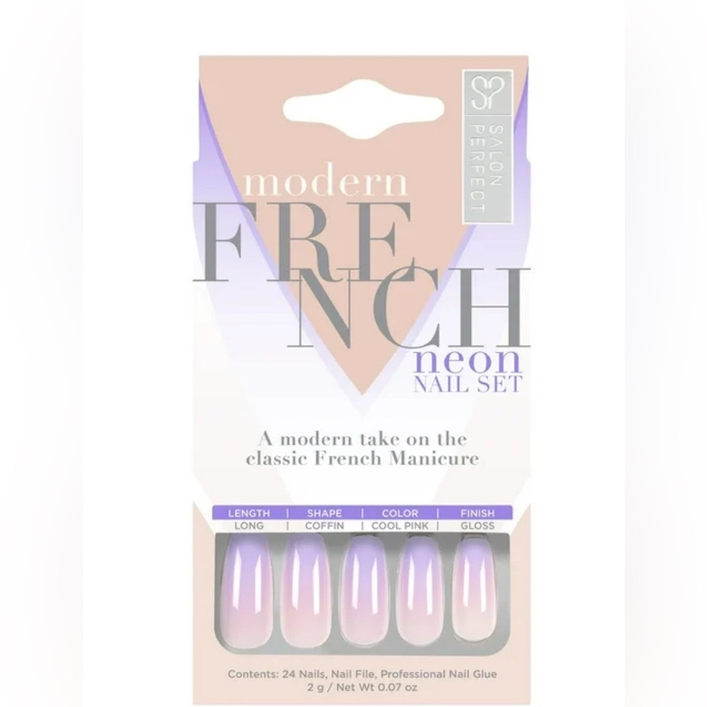 Salon Perfect Modern Neon Purple French Ombre Nail Set Long Coffin Shape pastel